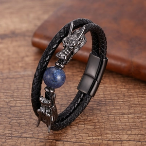 Men Braided Leather Bracelet Stainless Steel Dragon Heads Natural Gemstone Bead Double Layer Retro Jewelry