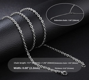 Detail view of 2.2mm wide stainless steel necklace chain with dimensions and lobster clasp