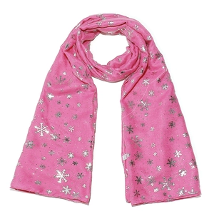 Détail de l'écharpe de Noël rose avec motif flocon argenté et étiquette d'entretien