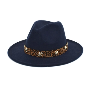 Dark blue wool fedora hat featuring leopard print band with gold floral rivets