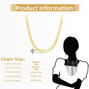 Size chart for S925 sterling silver snake chain necklaces in various lengths and weights