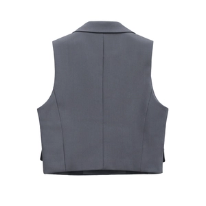 Rear view detail of dark gray tailored vest showing professional stitching and seams