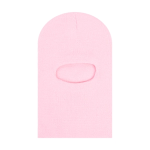 Detail of pink knitted baby balaclava featuring high-quality ribbed texture and warm lining