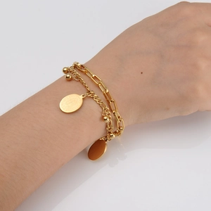 Double-layered 18k gold plated stainless steel bracelet with Virgin Mary coin pendant