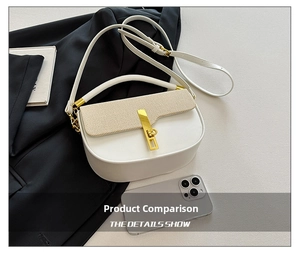 Detail showing the mixed beige woven texture and smooth white leather with gold buckle