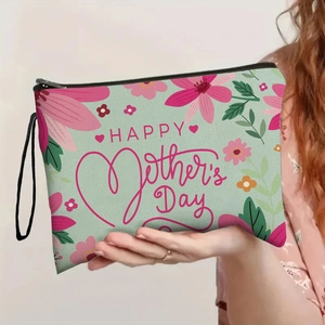 Green Mother's Day canvas makeup bag with pink floral pattern and wrist strap