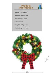 Détail de la couronne de voiture de Noël 28cm avec lumières LED, pommes de pin et baies