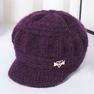 Deep purple winter knit newsboy hat for elderly women with golden heart metal accent