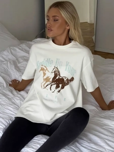 Γυναικείο Oversized T-Shirt 100% Βαμβάκι Κοντό Μανίκι Στρογγυλή Λαιμόκοψη American Retro Τύπωμα Αλόγου Streetwear Tee