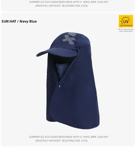 Detail of navy blue ice silk sun hat with breathable face mask and large neck cape