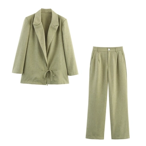 Women Light Green Polyester Linen Textured Blazer Collar Belted Long Top And Trousers Outfit Commute Casual Elegant