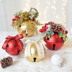 Christmas Metal Bell Ornaments With Pinecone Berry Ribbon Bow Star Hollow Design For Xmas Tree Holiday Home Hanging Decor