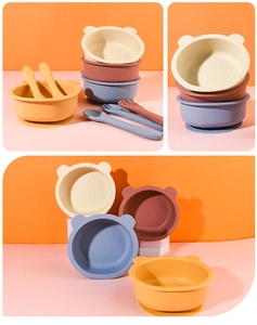 Detail of bear-shaped silicone suction bowls with matching spoons in four soft colors