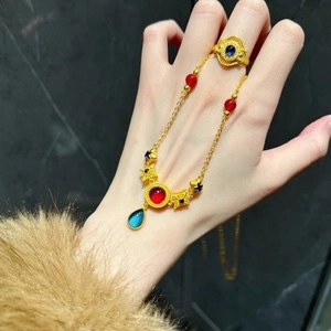Vintage gold necklace set with red star charms and blue gemstone ring for women