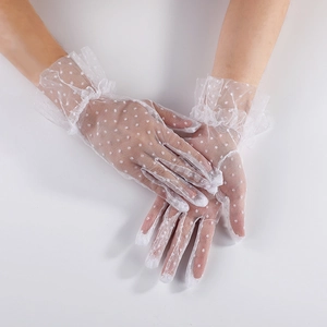 Elegant white lace gloves with polka dots and ruffled cuffs for bridal or wedding wear