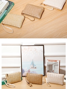 Detail of woven straw texture clutch bags with wristlet straps in beige and khaki shades