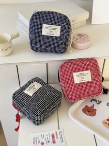 Quilted Heart Grid Pouch Cotton Sanitary Napkin Storage Bag Portable Makeup Case Small Coin Purse For Girls Women Plaid