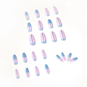 Blue French press-on nails with minimalist black line design on a pink base, 24 pieces set