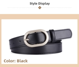 Detail view of the black PU leather belt strap and matte oval pin buckle finish
