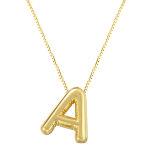 Detailed macro of the gold balloon-style puffed letter A pendant on a fine box chain