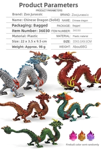 Detailed size chart for solid Chinese dragon models in various colors showing dimensions