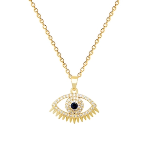 Luxurious gold titanium steel Evil Eye necklace featuring blue sapphire and clear crystals