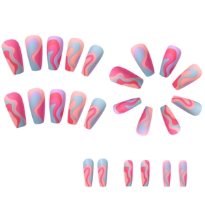 Macro shot of long press-on nails featuring colorful abstract wave patterns in pink and blue