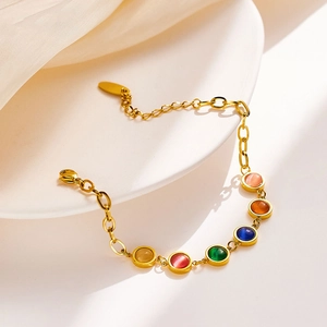 French vintage stainless steel gold bracelet with colorful round cat eye gemstones
