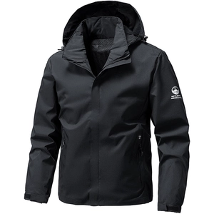 Men's black hooded outdoor windbreaker with mountain logo and adjustable cuffs