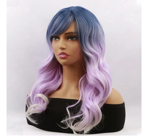 Detail of long wavy synthetic wig with purple gradient and soft white tips for cosplay