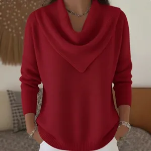 Women Knit Sweater Cowl Neck Draped Collar Solid Color Loose Fit Casual Long Sleeve Pullover Soft Jumper Fashionable Top