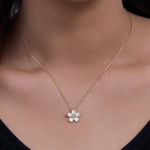 Elegant S925 silver necklace with white enamel flower pendant and sparkling zircon