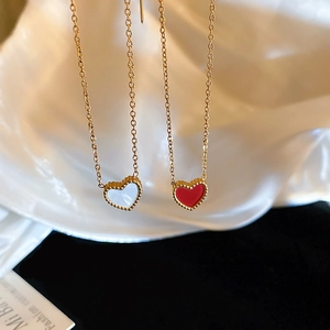 Collier Pendentif Cœur Double Face Acier Inoxydable Plaqué Or Bord Perlé Bijoux Romantiques Pour Femmes