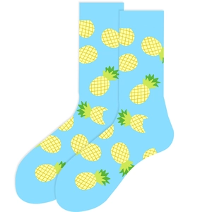 Detailed view of light blue crew socks with vibrant yellow and green pineapple patterns