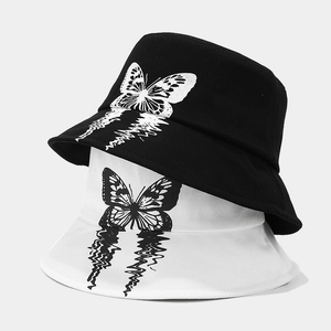 Fashionable butterfly print bucket hats for men and women in black and white colors