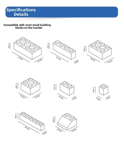 Detailed size chart for building block components with precise millimeter measurements