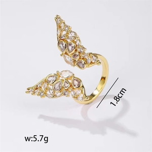 Gold plated butterfly open ring with sparkling zircon stones and adjustable fit