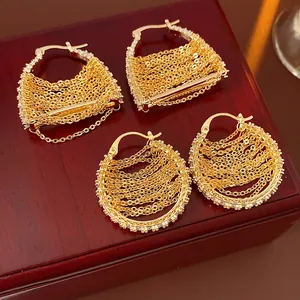 Gold Plated Copper Zircon Huggie Earrings Geometric Chain Fringe With Silver Earring Post Fashion Jewelry Women