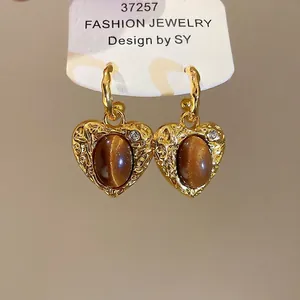 S925 silver needle heart drop earrings with tiger eye stone and lava texture