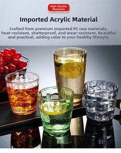 Detail view of colorful acrylic glasses with diamond-cut pattern and heat resistance
