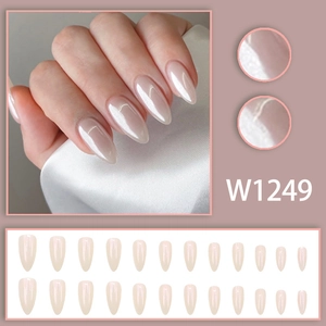 Elegant aurora white almond press-on nails with pearlescent finish 24pcs set