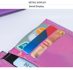 Macro view of laser pink holographic card holder featuring multiple internal card slots