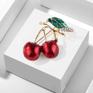 Cute Enamel Cherry Brooch Pin For Women Men Korean Style Fruit Shape Alloy Rhinestone Lapel Pin Clothing Decoration Gift
