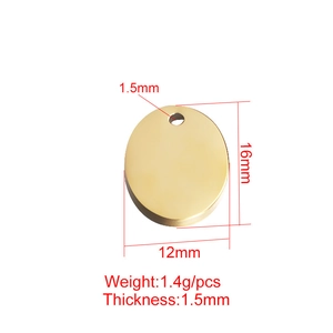 Polished golden stainless steel ellipse pendant with 16x12mm dimensions and 1.5mm thickness