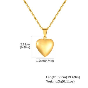Detailed view of golden heart locket necklace with size specifications 2.25x1.9cm and 50cm chain