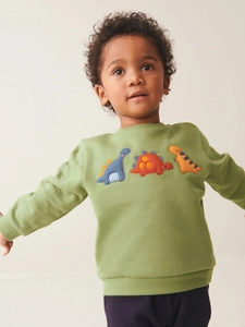 Bambino con una felpa verde a maniche lunghe decorata con tre toppe colorate di dinosauro.