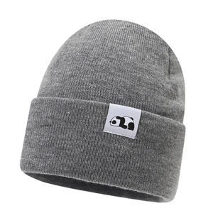 Grey knitted beanie featuring a cute panda patch and warm ear protection design