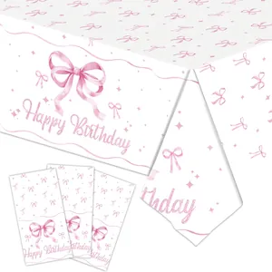 Pink Bow Happy Birthday Party Supplies Disposable Tablecloth Paper Plates Cups Napkins Plastic Cutlery Banner Girls Kids