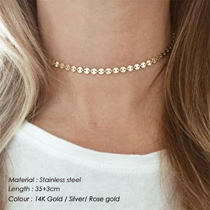 Layered stainless steel choker necklace with geometric gold disc pendant for women