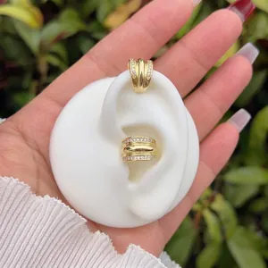 Classic 18K gold plated zircon ear cuff set shown on ear model with plant background